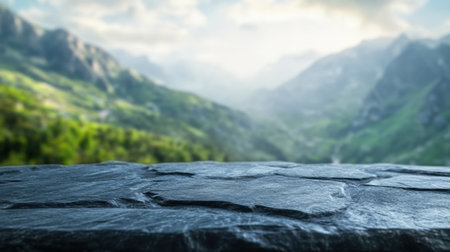Dark Stone Countertop Against a Blurry Mountain Landscape. High quality photoの素材