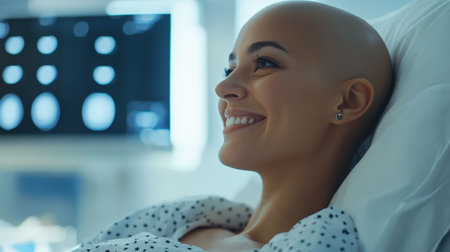 Happy, Positive Bald Woman in Hospital Room Close-Up. High quality photoの素材