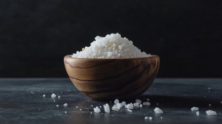 Wooden bowl filled with coarse salt crystals. High quality photoの素材
