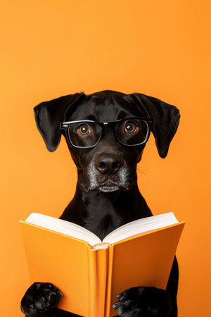 Dog with Glasses Reading a Book on an orange Background. High quality photoの素材