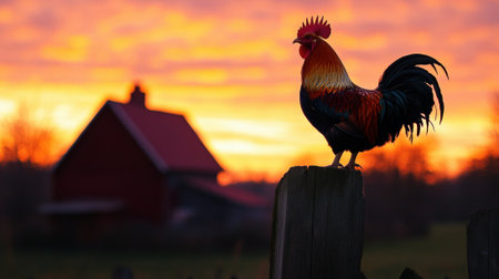 Rooster standing on a wooden fence at dawn. High quality photoの素材