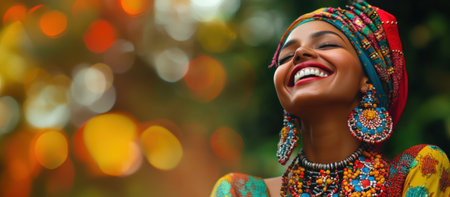 Joyful Woman in Bright Traditional Clothing, Turban and Jewelry. High quality photoの素材