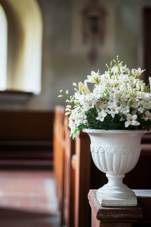White funeral urn with flowers in church. High quality photoの素材