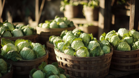 Freshly Harvested Cabbage Arranged in Wooden Baskets. High quality photoの素材