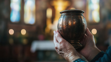 Hands Holding an Urn with Ashes CloseUp Against a Church Background. High quality photoの素材