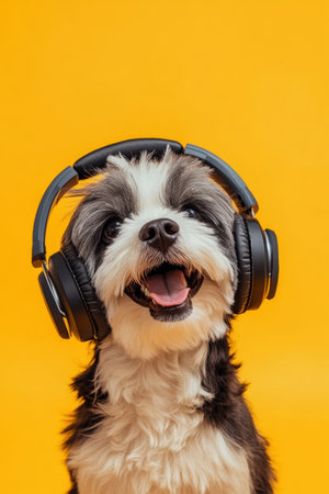 Happy Dog Listening to Music in Headphones on Orange Background. High quality photoの素材