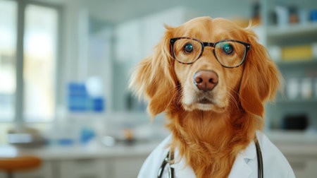 Dog in Glasses Wearing a Doctor's Suit in a Clinic. High quality photoの素材