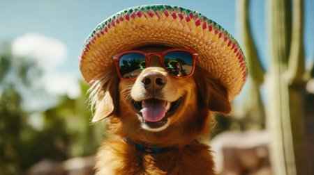 Happy Dog in Sunglasses and Sombrero Mexican Style. High quality photoの素材