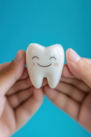 Holding a Tooth Figurine CloseUp on Blue Background. High quality photoの素材
