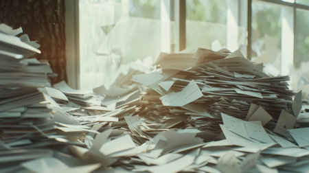 Large Pile of Disorganized Paper in a Workspace. High quality photoの素材