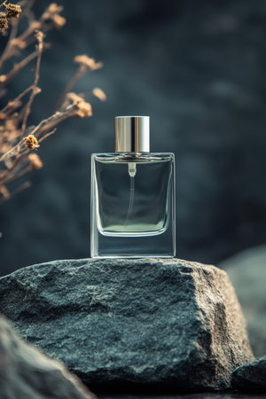 Mockup of Men's Perfume Bottle Standing on a Stone. High quality photoの素材