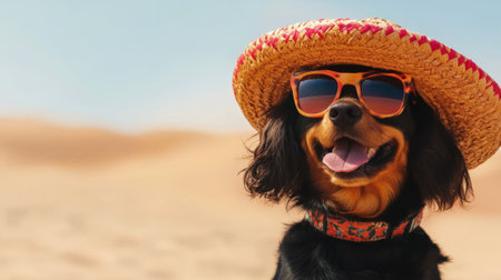 Happy Dog in Sunglasses and Sombrero Mexican Style. High quality photoの素材