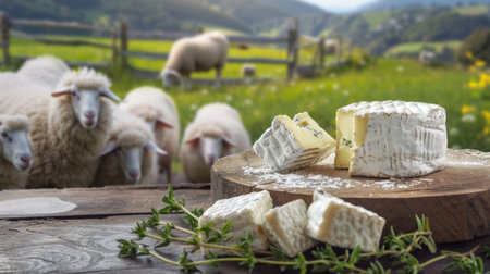 Goat Cheese on a Table and Goats Roaming on a Farm. High quality photoの素材