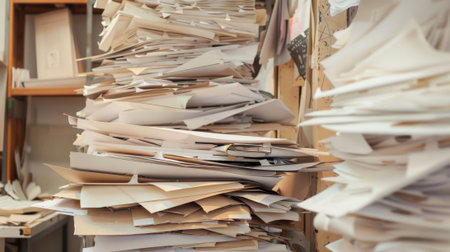 Large Pile of Disorganized Paper in a Workspace. High quality photoの素材