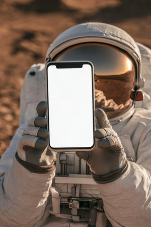 Astronaut Holding and Showing Mobile Phone Mockup. High quality photoの素材