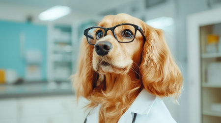 Dog in Glasses Wearing a Doctor's Suit in a Clinic. High quality photoの素材