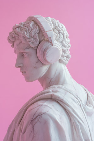 Male Sculpture Wearing Headphones on Pink Background. High quality photoの素材