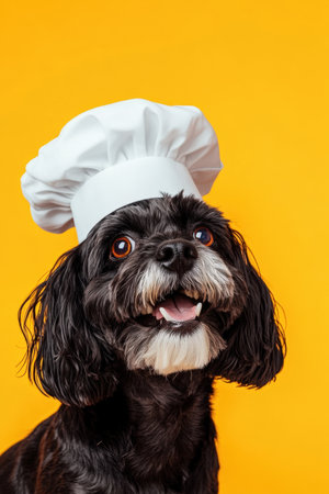 Happy Dog in a Chefs Hat on an Orange Background. High quality photoの素材