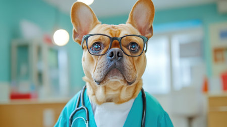 Dog in Glasses Wearing a Doctor's Suit in a Clinic. High quality photoの素材