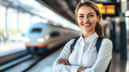 Happy Flight Attendant Next to a Train at the Station Space for Text. High quality photoの素材