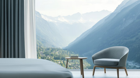 Modern Minimalist Luxury Hotel Room with Mountain View. High quality photoの素材