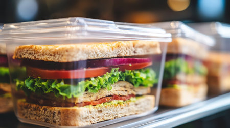Closeup of sandwich in plastic takeout containers. High quality photoの素材