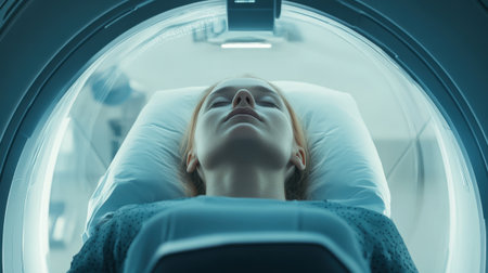 Woman lying in medical MRI scanner device. High quality photoの素材