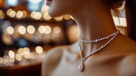 Expensive Neck Jewelry on a Woman in Front of a Jewelry Store. High quality photoの素材