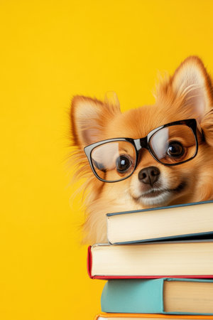 Cute Fluffy Dog in Glasses Peeks Out from Behind a Stack of Books. High quality photoの素材