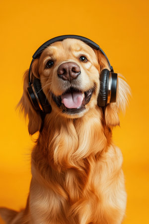 Happy Dog Listening to Music in Headphones on Orange Background. High quality photoの素材