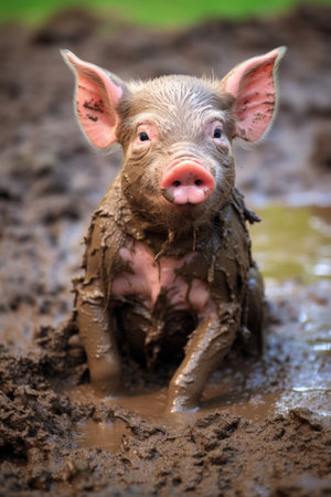 Small Dirty Piglet in a Muddy Puddle. High quality photoの素材