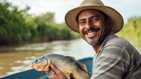 Smiling Man in a Panama Hat Holding a Caught Fish on a Boat. High quality photoの素材