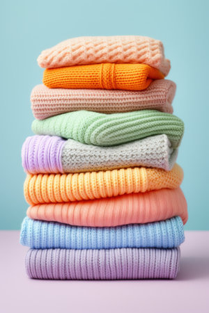 Stack of pastel-colored knitted baby items on soft background. High quality photoの素材