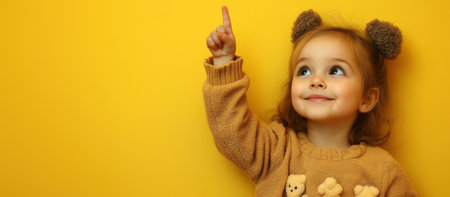 Happy Young Girl Pointing Up on Yellow Background. Banner, copy space. High quality photoの素材