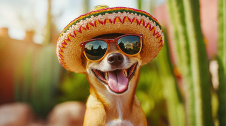 Happy Dog in Sunglasses and Sombrero Mexican Style. High quality photoの素材
