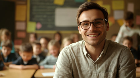Happy Young Teacher with Glasses Among Children. High quality photoの素材