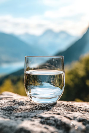 Glass of pure mineral water against mountain backdrop. High quality photoの素材