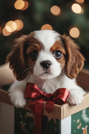 Cute Puppy Sits in a Gift Box with a Bow Close-up. High quality photoの素材