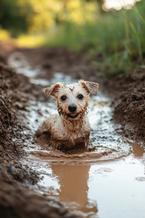 Happy Dirty Dog Playing in a Mud Puddle on a Sunny Day. High quality photoの素材