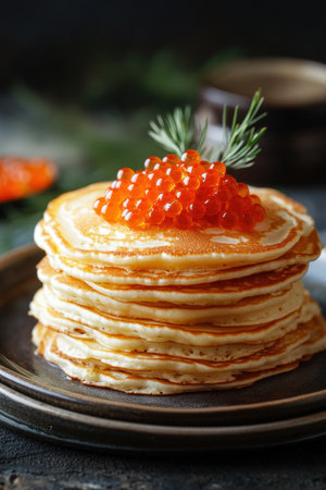 Delicious stack of pancakes garnished with red caviar. High quality photoの素材