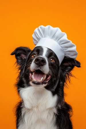 Happy Dog in a Chefs Hat on an Orange Background. High quality photoの素材