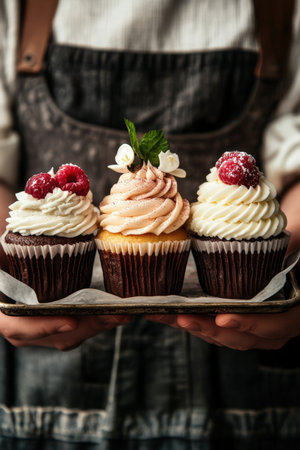Baker holding tray of beautifully decorated cupcakes in bakery. High quality photoの素材