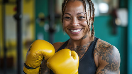 Confident female boxer training in gym. High quality photoの素材