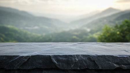 Dark Stone Countertop Against a Blurry Mountain Landscape. High quality photoの素材