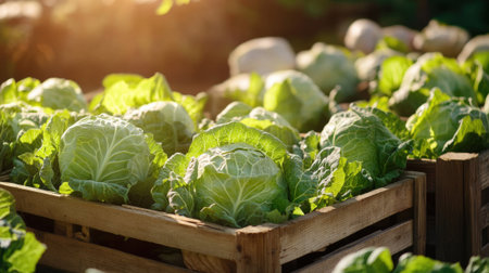 Freshly Harvested Cabbage Arranged in Wooden Baskets. High quality photoの素材