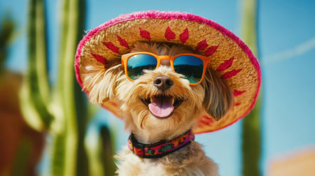 Happy Dog in Sunglasses and Sombrero Mexican Style. High quality photoの素材