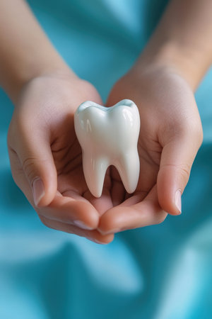 Holding a Tooth Figurine CloseUp on Blue Background. High quality photoの素材