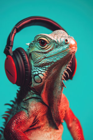 Iguana Wearing Headphones on a Turquoise Background. High quality photoの素材