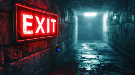 Glowing Red Exit Sign Illuminating a Dark Corridor. High quality photoの素材