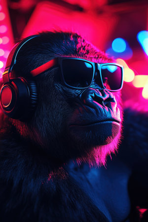 Gorilla in Black Sunglasses and Headphones at a Nightclub. High quality photoの素材